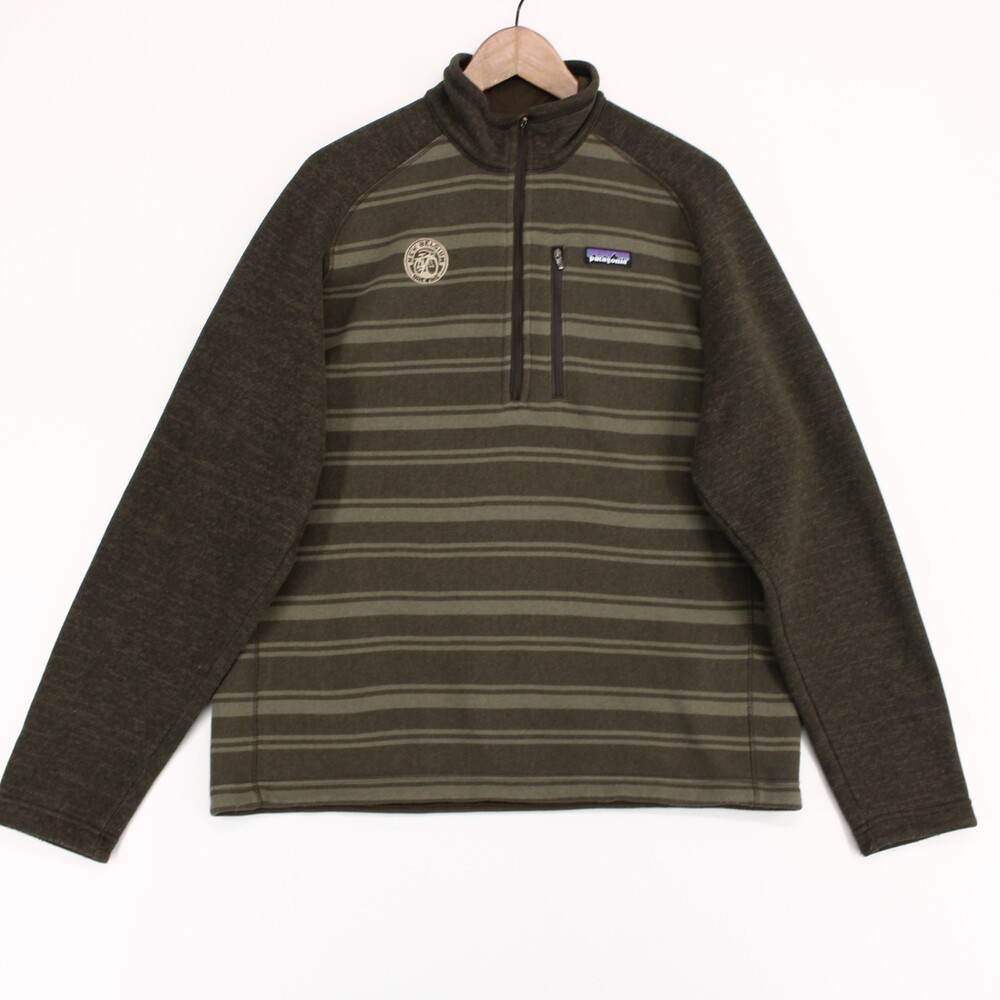 Patagonia Better Sweater Men L Olive Brown Striped 1/4 Zip Fleece New Belgium